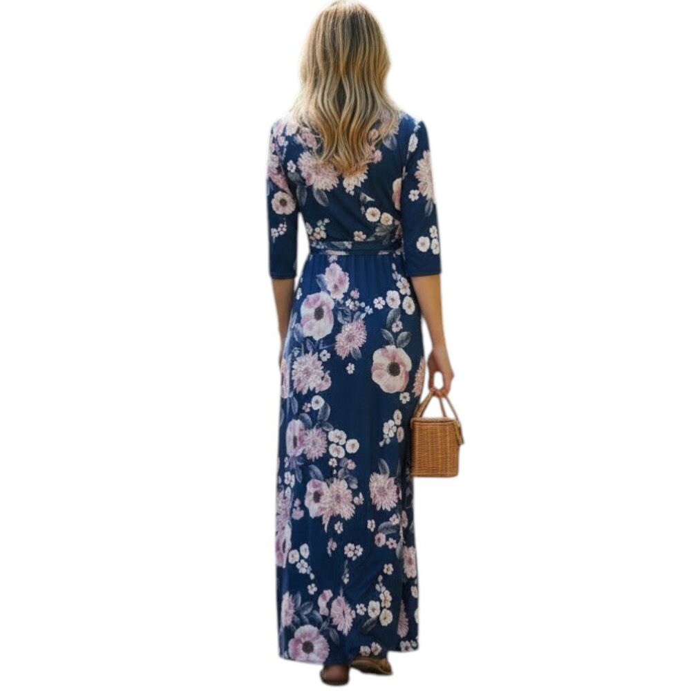 Women's Floral Wrap V Neck Maxi Dress Tie Waist Blue 1/2 Sleeves Size M - Picture 2 of 7